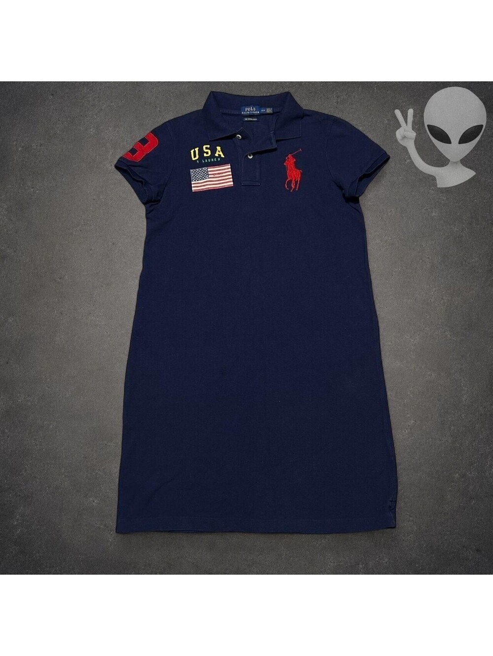 Polo Ralph Lauren Skinny Polo Dress Womens S Navy Blue Big Pony USA Flag Preppy